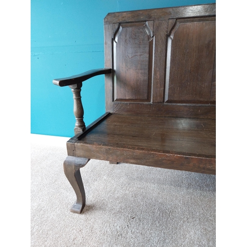 877 - Early 19th C. Oak hall bench with panelled back raised on cabriole legs {103cm H x 151cm W x 60cm D}