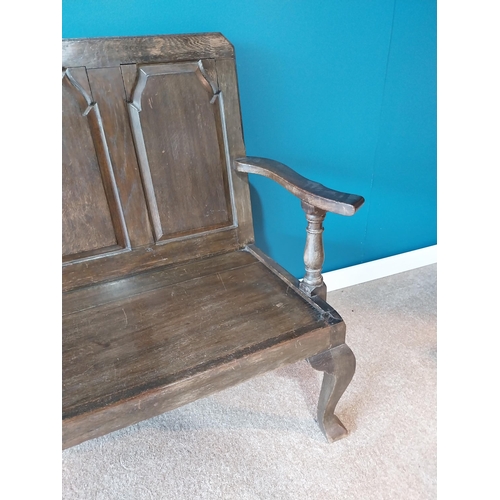 877 - Early 19th C. Oak hall bench with panelled back raised on cabriole legs {103cm H x 151cm W x 60cm D}