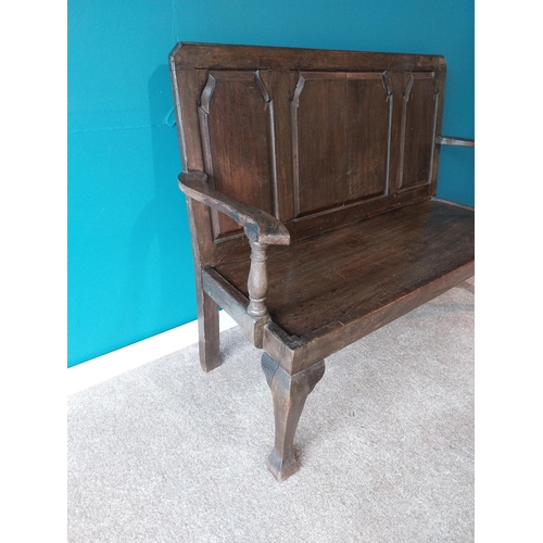 877 - Early 19th C. Oak hall bench with panelled back raised on cabriole legs {103cm H x 151cm W x 60cm D}