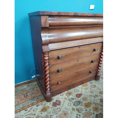 879 - 19th. C. mahogany scotch chest with five graduated drawers flanked by barley twist columns {127 cm H... 