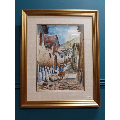 881 - Framed watercolour - Peruvian Street Scene. {75 cm H x 60 cm W} { cm H  cm W cm D}.