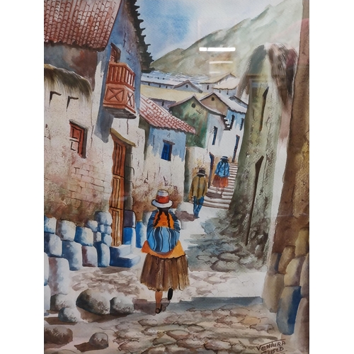 881 - Framed watercolour - Peruvian Street Scene. {75 cm H x 60 cm W} { cm H  cm W cm D}.