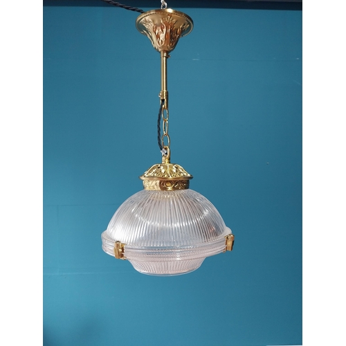 882 - Good quality brass and glass holophane style shade {47cm L x 25cm Dia.}