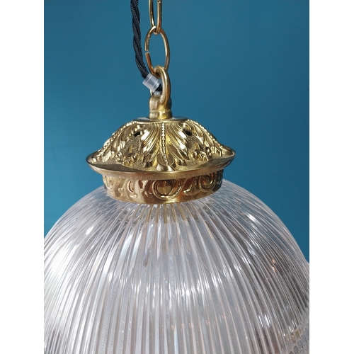 882 - Good quality brass and glass holophane style shade {47cm L x 25cm Dia.}