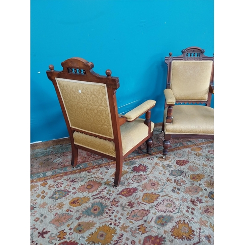 885 - Pair of Edwardian upholstered mahogany open armchairs raised on turned legs { 97cm H X 65cm W X 64cm... 