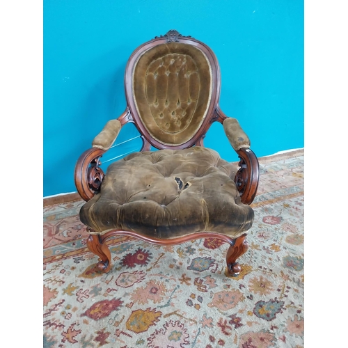 887 - Good quality 19th. C. Deep buttoned upholstered mahogany on armchair raised on cabriole legs { 101cm... 