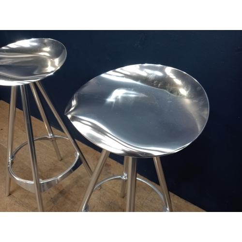 888 - Pair of chrome swivel breakfast bar stools with saddle seat  { 80cm H X 36cm Dia }.