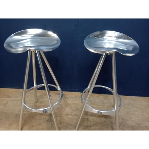 889 - Pair of chrome swivel breakfast bar stools with saddle seat  { 80cm H X 36cm Dia }.