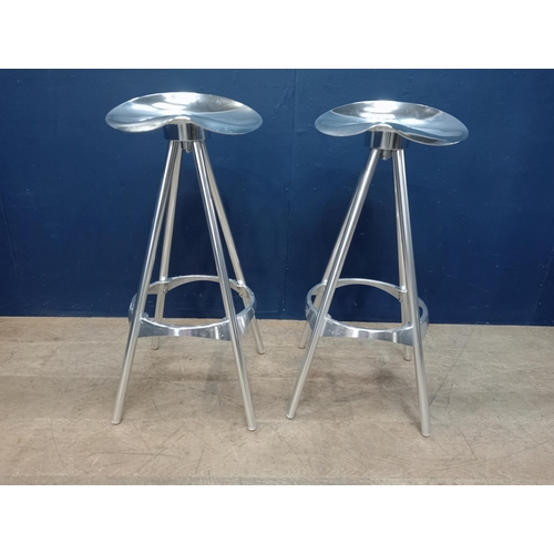 889 - Pair of chrome swivel breakfast bar stools with saddle seat  { 80cm H X 36cm Dia }.