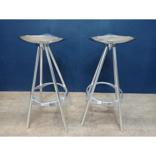 890 - Pair of chrome swivel breakfast bar stools with saddle seat  { 80cm H X 36cm Dia }.