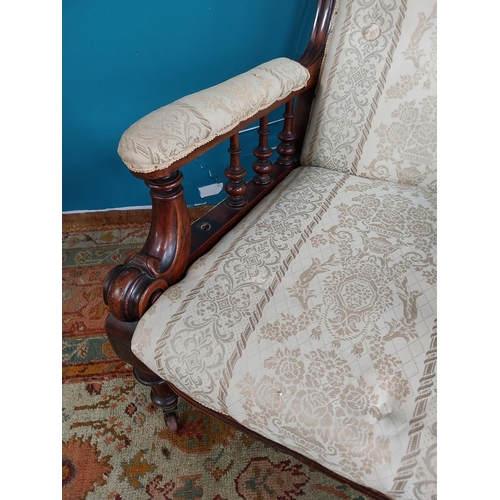 892 - 19th. C. Upholstered mahogany open armchair raised on tapered reeded legs, in need of some repairs {... 