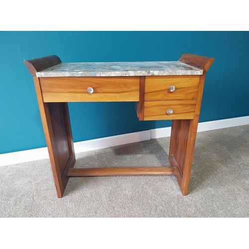 894 - Art Deco walnut marble top washstand with two short drawers and one long drawer in the frieze {78cm ... 