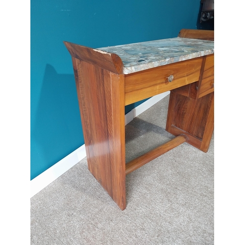 894 - Art Deco walnut marble top washstand with two short drawers and one long drawer in the frieze {78cm ... 