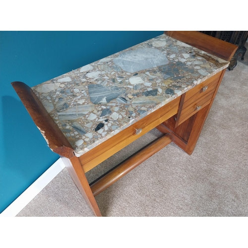 894 - Art Deco walnut marble top washstand with two short drawers and one long drawer in the frieze {78cm ... 