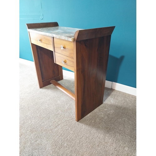 894 - Art Deco walnut marble top washstand with two short drawers and one long drawer in the frieze {78cm ... 