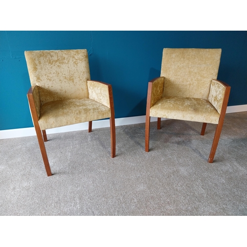 896 - Pair of velvet upholstered armchairs raised on square tapered legs {88 cm H x 60 cm W x 60 cm W}.