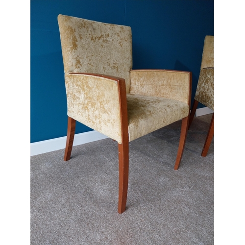 896 - Pair of velvet upholstered armchairs raised on square tapered legs {88 cm H x 60 cm W x 60 cm W}.