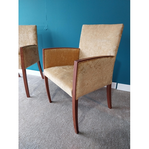 896 - Pair of velvet upholstered armchairs raised on square tapered legs {88 cm H x 60 cm W x 60 cm W}.