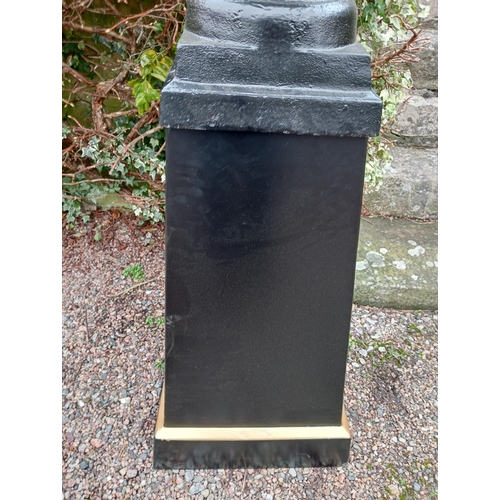 902 - Pair  of cast iron urns and bases  { Total 185cm H X 66cm Dia & Bases 93cm H X 53cm Sq. }.