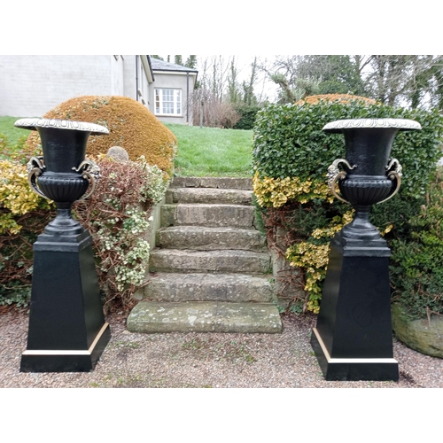 902 - Pair  of cast iron urns and bases  { Total 185cm H X 66cm Dia & Bases 93cm H X 53cm Sq. }.