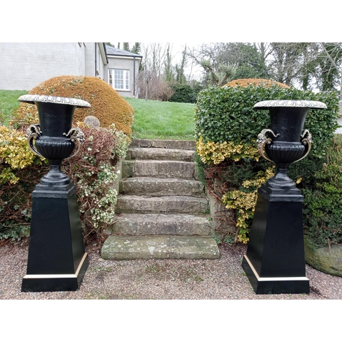 902 - Pair  of cast iron urns and bases  { Total 185cm H X 66cm Dia & Bases 93cm H X 53cm Sq. }.