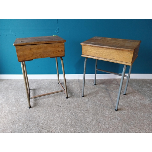 910 - Pair of 1950's oak school desks on metal tubular legs {80cm H x 53cm W x 44cm D}