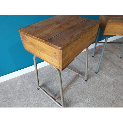 910 - Pair of 1950's oak school desks on metal tubular legs {80cm H x 53cm W x 44cm D}