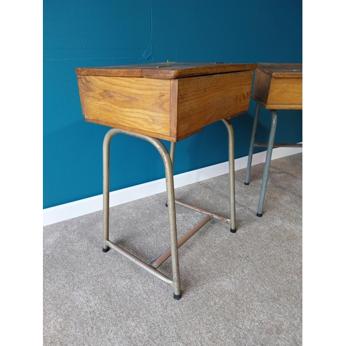 910 - Pair of 1950's oak school desks on metal tubular legs {80cm H x 53cm W x 44cm D}