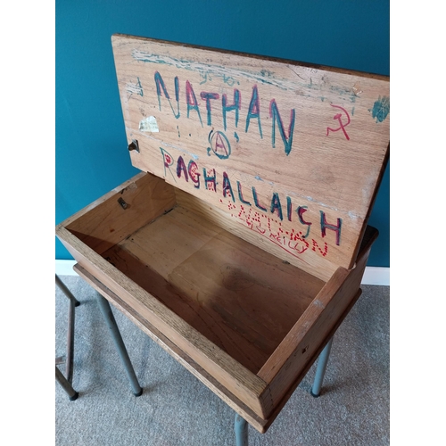 910 - Pair of 1950's oak school desks on metal tubular legs {80cm H x 53cm W x 44cm D}