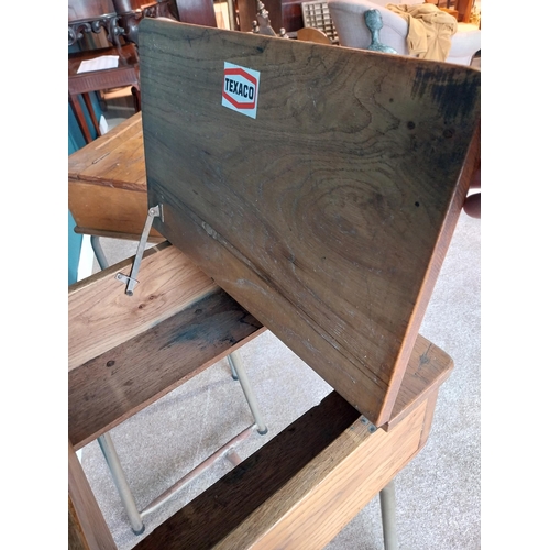 910 - Pair of 1950's oak school desks on metal tubular legs {80cm H x 53cm W x 44cm D}