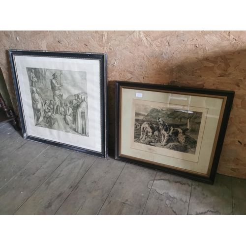 916 - Two 19th. C. black and white framed prints - Dogs { 54cm H X 64cm W } & Biblical Scene { 70cm H X 79... 