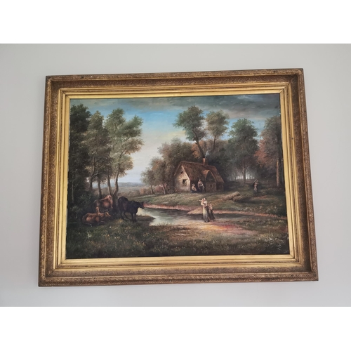 917 - Farmyard Scene oleograph mounted in a giltwood frame {114 cm H x 146 cm W}.