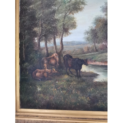 917 - Farmyard Scene oleograph mounted in a giltwood frame {114 cm H x 146 cm W}.