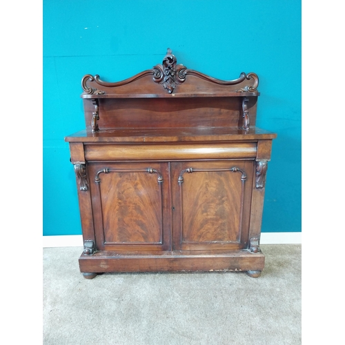 919 - William IV mahogany side cabinet with carved gallery back and single drawer above two blind doors {1... 