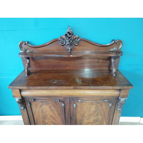 919 - William IV mahogany side cabinet with carved gallery back and single drawer above two blind doors {1... 