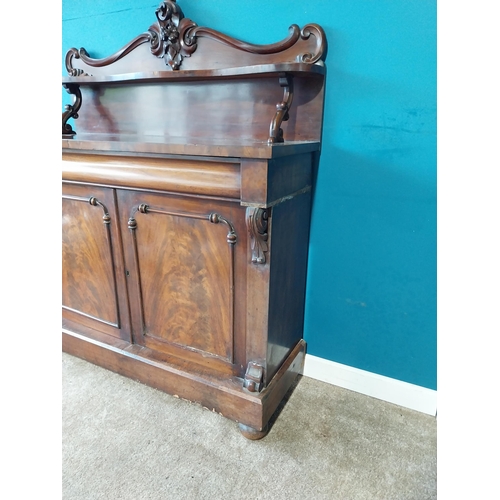 919 - William IV mahogany side cabinet with carved gallery back and single drawer above two blind doors {1... 