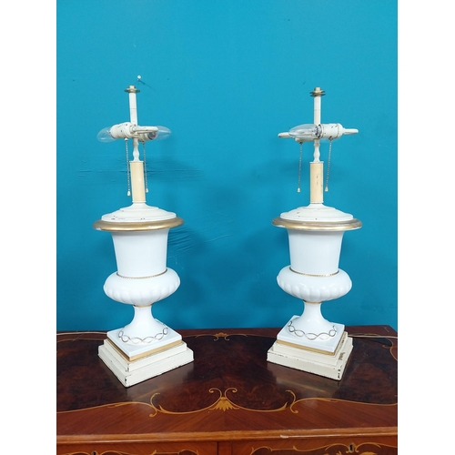 922 - Pair of good quality 20th C. ceramic and metal table lamps. {{72 cm H x 21 cm Diam}.