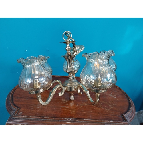 924 - Vintage brass five branch chandelier with glass shades. {30 cm H x 50 cm Diam}.