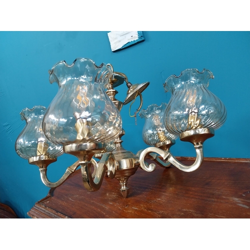 924 - Vintage brass five branch chandelier with glass shades. {30 cm H x 50 cm Diam}.