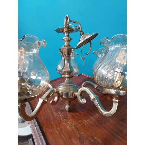 924 - Vintage brass five branch chandelier with glass shades. {30 cm H x 50 cm Diam}.