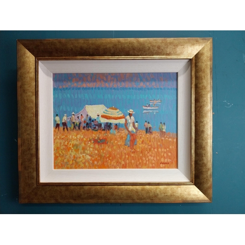 95 - Des Carrick 1928 - 2012 Summer Beach Scene Oil on Board mounted in  a gilt frame { 34cm H X 44cm W }... 