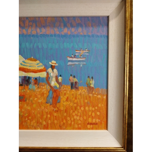 95 - Des Carrick 1928 - 2012 Summer Beach Scene Oil on Board mounted in  a gilt frame { 34cm H X 44cm W }... 