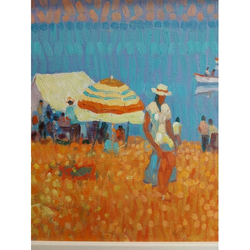 95 - Des Carrick 1928 - 2012 Summer Beach Scene Oil on Board mounted in  a gilt frame { 34cm H X 44cm W }... 