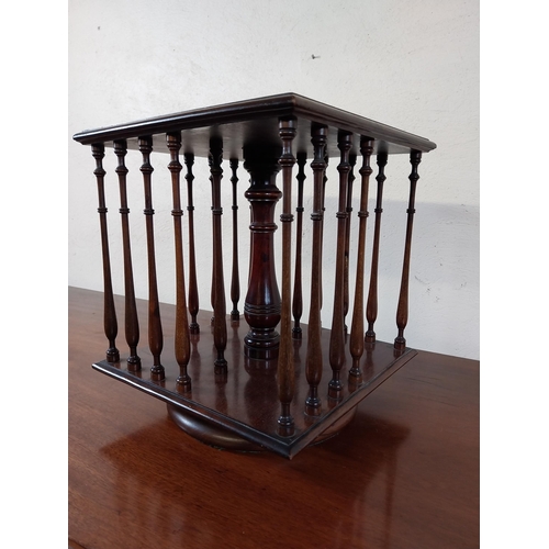 97 - Edwardian mahogany table top revolving book case {34 cm H x 30 cm W x 30 cm D}.