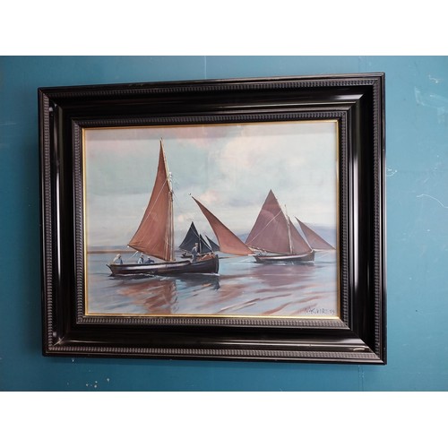 105 - Cecil Maguire 1930 - 2020 Galway Hookers Oil on Board mounted in a wooden frame. { 44cm H X 59cm W }... 