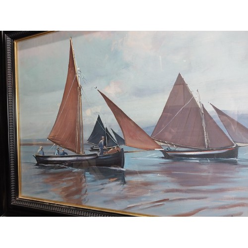 105 - Cecil Maguire 1930 - 2020 Galway Hookers Oil on Board mounted in a wooden frame. { 44cm H X 59cm W }... 