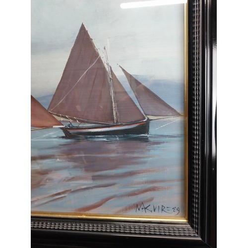 105 - Cecil Maguire 1930 - 2020 Galway Hookers Oil on Board mounted in a wooden frame. { 44cm H X 59cm W }... 