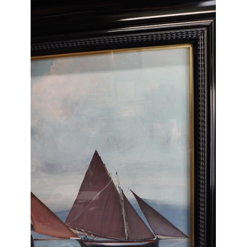 105 - Cecil Maguire 1930 - 2020 Galway Hookers Oil on Board mounted in a wooden frame. { 44cm H X 59cm W }... 