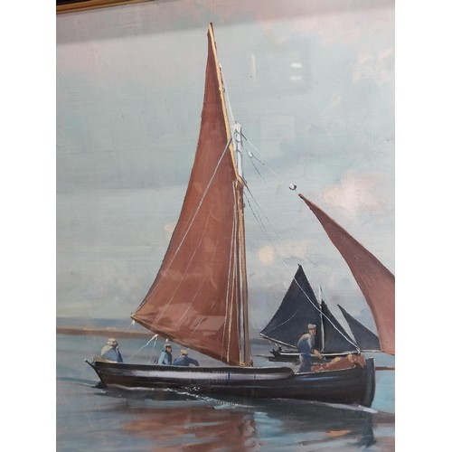 105 - Cecil Maguire 1930 - 2020 Galway Hookers Oil on Board mounted in a wooden frame. { 44cm H X 59cm W }... 