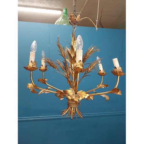 106 - Early 20th C. gilded metal wheat sheaf six branch chandelier {60 cm H x 74 cm Dia.}.